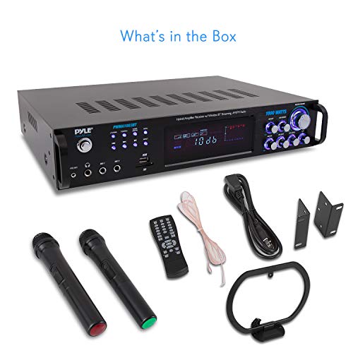 4 Channel Bluetooth Power Amplifier - 1000W Home Audio Rack Mount Stereo Receiver w/AM FM Radio, USB, Headphone, Dual Wireless Mic w/Echo for Karaoke, LED, for Speaker Sound System - Pyle PWMA1003BT