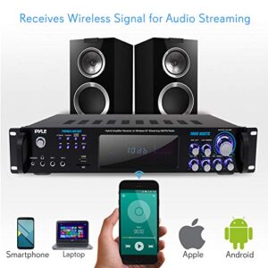 4 Channel Bluetooth Power Amplifier - 1000W Home Audio Rack Mount Stereo Receiver w/AM FM Radio, USB, Headphone, Dual Wireless Mic w/Echo for Karaoke, LED, for Speaker Sound System - Pyle PWMA1003BT