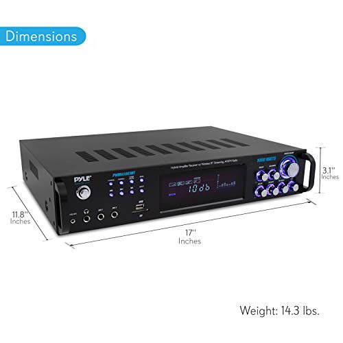 4 Channel Bluetooth Power Amplifier - 1000W Home Audio Rack Mount Stereo Receiver w/AM FM Radio, USB, Headphone, Dual Wireless Mic w/Echo for Karaoke, LED, for Speaker Sound System - Pyle PWMA1003BT