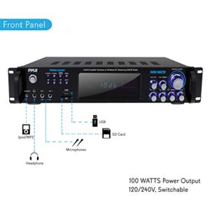 4 Channel Bluetooth Power Amplifier - 1000W Home Audio Rack Mount Stereo Receiver w/AM FM Radio, USB, Headphone, Dual Wireless Mic w/Echo for Karaoke, LED, for Speaker Sound System - Pyle PWMA1003BT