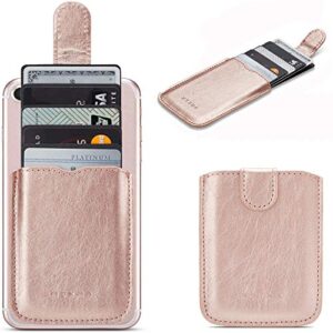 phone card holder rfid blocking sleeve, pu leather back phone wallet stick-on pull up 5 card holder universally pocket covers credit cards cash for iphone/android/samsung/all smartphones(rosegold)