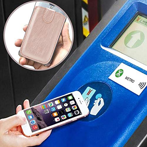 Phone Card Holder RFID Blocking Sleeve, Pu Leather Back Phone Wallet Stick-On Pull up 5 Card Holder Universally Pocket Covers Credit Cards Cash for iPhone/Android/Samsung/All Smartphones(RoseGold)