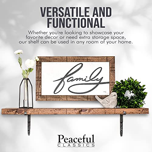 Peaceful Classics Wood Rustic Floating Shelf - Wall Mounted Shelf with Iron Brackets, Shelves for Wall Decor, Renter Friendly Shelves on Bathroom, Bedroom, Kitchen, Living Room, 5-ft