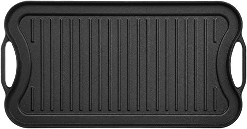 Amazon Basics Pre-Seasoned Cast Iron Reversible Rectangular Grill/Griddle, Black, 20 x 10.39 x 0.98 inch