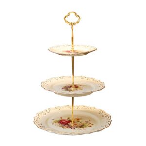 yolife 3 tiered cupcake stand, cream color cake platters, flowering shrubs emboss golden leaves edge porcelain tea serving tower tray for party dessert pastry