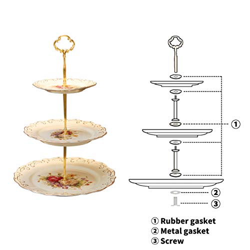 YOLIFE 3 Tiered Cupcake Stand, Cream Color Cake Platters, Flowering Shrubs Emboss Golden Leaves Edge Porcelain Tea Serving Tower Tray for Party Dessert Pastry