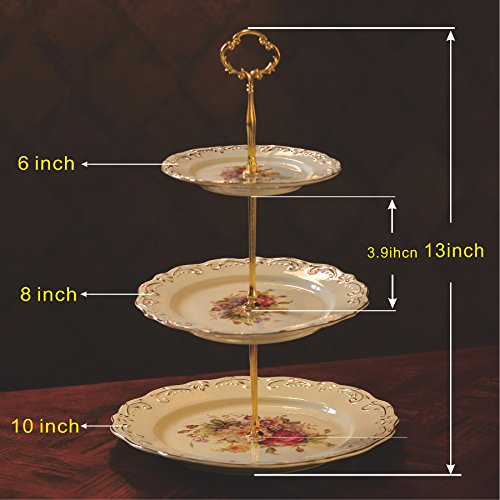 YOLIFE 3 Tiered Cupcake Stand, Cream Color Cake Platters, Flowering Shrubs Emboss Golden Leaves Edge Porcelain Tea Serving Tower Tray for Party Dessert Pastry