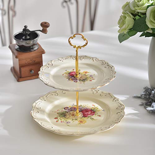 YOLIFE 3 Tiered Cupcake Stand, Cream Color Cake Platters, Flowering Shrubs Emboss Golden Leaves Edge Porcelain Tea Serving Tower Tray for Party Dessert Pastry