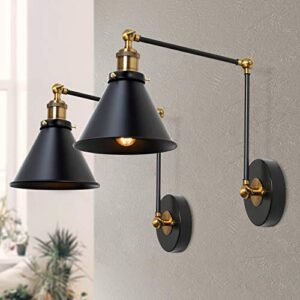 lnc black swing arm wall lamp adjustable wall sconces plug-in sconces wall lighting (2 pack-black)