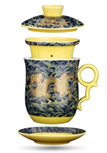 yurroad chinese dragon pattern tea-mug with strainer infuser and lid and saucer ceramic tea mug convenient system chinese porcelain personal tea cup 13.5oz(400ml) - dark green tc400