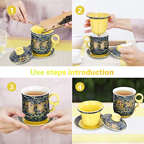 YURROAD Chinese Dragon Pattern Tea-Mug with Strainer Infuser and Lid and Saucer Ceramic Tea Mug Convenient System Chinese Porcelain Personal Tea Cup 13.5oz(400ml) - DARK GREEN TC400