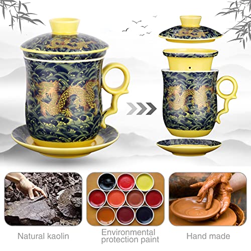 YURROAD Chinese Dragon Pattern Tea-Mug with Strainer Infuser and Lid and Saucer Ceramic Tea Mug Convenient System Chinese Porcelain Personal Tea Cup 13.5oz(400ml) - DARK GREEN TC400