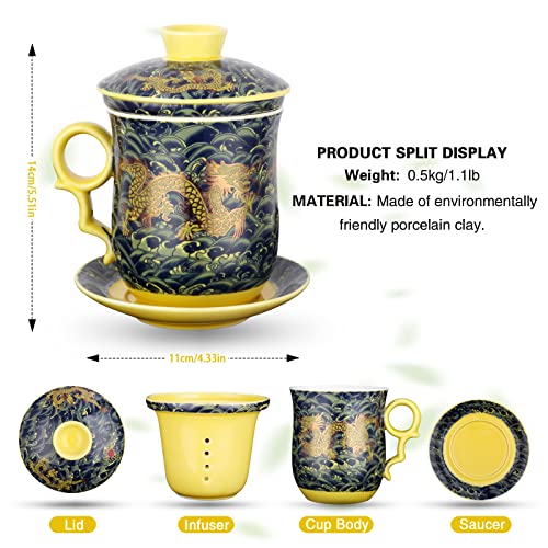 YURROAD Chinese Dragon Pattern Tea-Mug with Strainer Infuser and Lid and Saucer Ceramic Tea Mug Convenient System Chinese Porcelain Personal Tea Cup 13.5oz(400ml) - DARK GREEN TC400