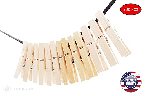 Eldorado Clothespins, Standard Natural Wooden, Stain Proof, 3 inch, 200 Value Pack, for Multipurpose Everyday Laundry, Clothes, Towels, Craft, Photos, Pictures, Decor, Baby Shower, Art Wall