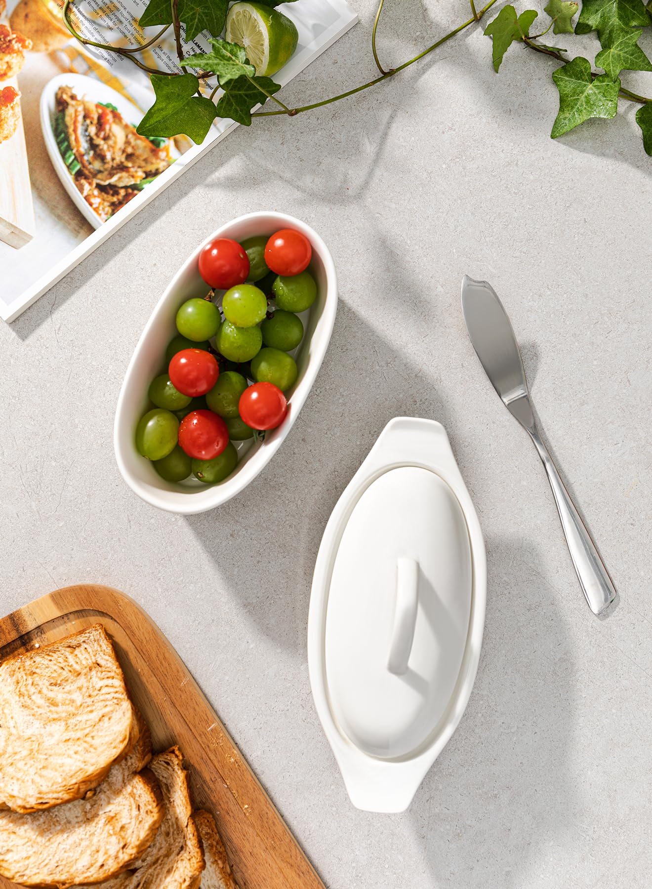 Large Butter Dish with Lid - Airtight Butter Keeper Container Holds Up to 2 Sticks of Butter - Porcelain Container with Beech Wooden Lid, White, Better Butter & Beyond