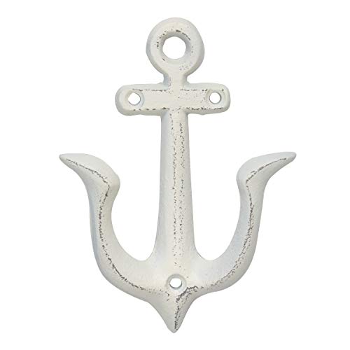 Stonebriar Antique Worn White Cast Iron Anchor Double Wall Hook, Rustic Nautical Design