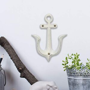 Stonebriar Antique Worn White Cast Iron Anchor Double Wall Hook, Rustic Nautical Design