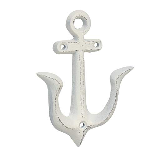 Stonebriar Antique Worn White Cast Iron Anchor Double Wall Hook, Rustic Nautical Design