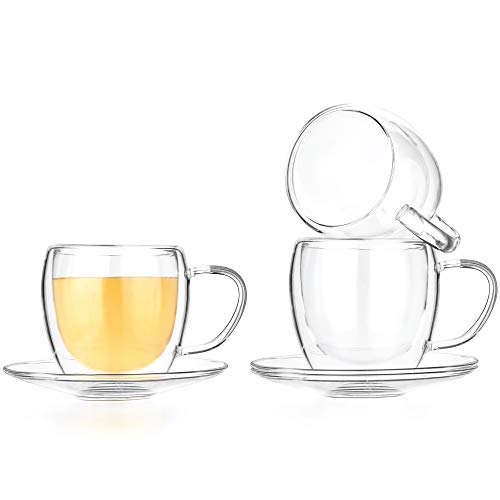 Tealyra - 8.5-Ounce Double Wall Glasses and Saucer - Set of 4 - Espresso Coffee - Tea - Cappuccino - Clear Cups - Heatproof Insulating - Keeps Beverages Hot - 250ml