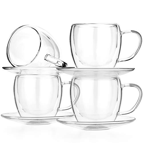 Tealyra - 8.5-Ounce Double Wall Glasses and Saucer - Set of 4 - Espresso Coffee - Tea - Cappuccino - Clear Cups - Heatproof Insulating - Keeps Beverages Hot - 250ml