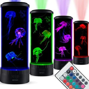 sensorymoon large led jellyfish lava lamp aquarium - electric round jellyfish tank mood light with 3 fake glowing jelly fish, 20 color changing remote, ocean wave projector - plug in kids night light