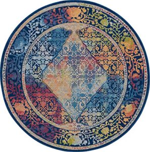 nourison global vintage persian blue/multicolor 4' x round area -rug, easy -cleaning, non shedding, bed room, living room, dining room, kitchen (4 round)