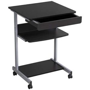 yaheetech mobile computer desk cart, small rolling laptop desk pc table workstation with drawer and printer shelf, writing desk table for small space/home office