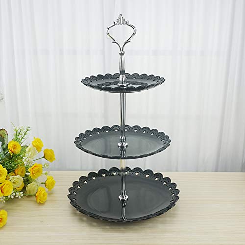 LIONWEI LIONWELI 3-Tier Black Silver Plastic Dessert Stand Pastry Stand Cake Stand Cupcake Stand Holder Serving Platter for Party Wedding Home Decor