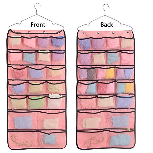 SPIKG Dual-Sided Hanging Closet Organizer for Underwear, Stocking,Bra and Sock,Mesh Pockets with Metal Hanger (42 Pockets Pink)