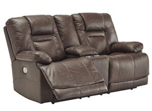 signature design by ashley wurstrow leather adjustable dual sided power reclining loveseat with console & usb charging, brown