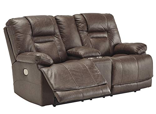 Signature Design by Ashley Wurstrow Leather Adjustable Dual Sided Power Reclining Loveseat with Console & USB Charging, Brown