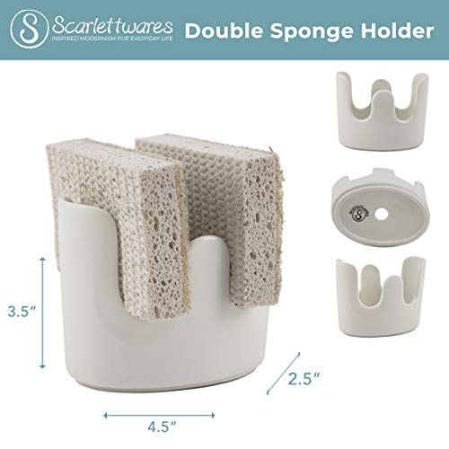 Scarlettwares Dual Two Double Sponge Holder Kitchen Sink Organizer Ceramic White Dishwasher Safe Modern Rustic Farmhouse Elegant Compact Design