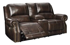 signature design by ashley buncrana traditional dual sided power reclining loveseat with nailhead trim, center storage console and usb port, brown