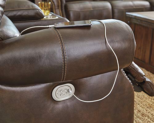 Signature Design by Ashley Buncrana Traditional Dual Sided Power Reclining Loveseat with Nailhead Trim, Center Storage Console and USB Port, Brown