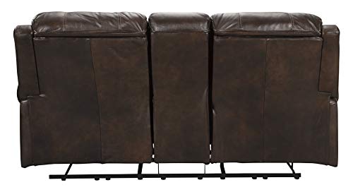 Signature Design by Ashley Buncrana Traditional Dual Sided Power Reclining Loveseat with Nailhead Trim, Center Storage Console and USB Port, Brown