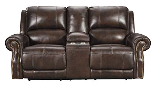 Signature Design by Ashley Buncrana Traditional Dual Sided Power Reclining Loveseat with Nailhead Trim, Center Storage Console and USB Port, Brown