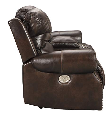 Signature Design by Ashley Buncrana Traditional Dual Sided Power Reclining Loveseat with Nailhead Trim, Center Storage Console and USB Port, Brown