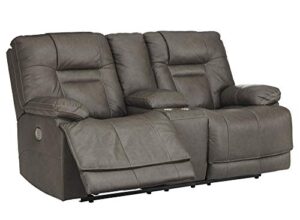 signature design by ashley wurstrow leather adjustable dual sided power reclining loveseat with console & usb charging, dark gray