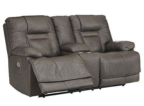 Signature Design by Ashley Wurstrow Leather Adjustable Dual Sided Power Reclining Loveseat with Console & USB Charging, Dark Gray