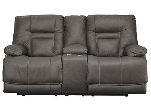 Signature Design by Ashley Wurstrow Leather Adjustable Dual Sided Power Reclining Loveseat with Console & USB Charging, Dark Gray