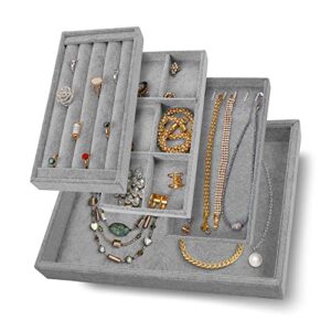 houseables jewelry tray organizer, stackable accessories, storage, 13.8"x 9.5", grey, 4 pcs, earring box, adjustable drawer insert, velvet ring holder, bracelet & necklace display, cufflink case