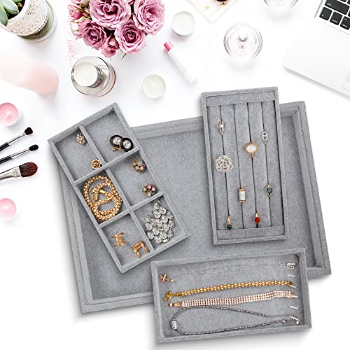 Houseables Jewelry Tray Organizer, Stackable Accessories, Storage, 13.8"x 9.5", Grey, 4 Pcs, Earring Box, Adjustable Drawer Insert, Velvet Ring Holder, Bracelet & Necklace Display, Cufflink Case