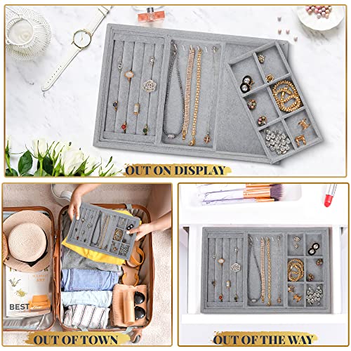 Houseables Jewelry Tray Organizer, Stackable Accessories, Storage, 13.8"x 9.5", Grey, 4 Pcs, Earring Box, Adjustable Drawer Insert, Velvet Ring Holder, Bracelet & Necklace Display, Cufflink Case