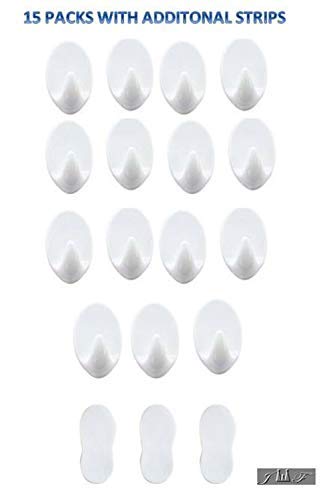 Mini Oval Reusable Stick on Wall Adhesive Heavy Duty Utility Hooks (15 Pack)