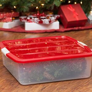 IRIS USA 33 Qt. Holiday Wreath Storage Container Box with Lid, 3-pack, Stackable Under Bed Storage Organizer Bin with Latching Buckles for 20" Wreaths Festive Holiday Decorations Garlands, Clear/Red