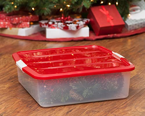 IRIS USA 33 Qt. Holiday Wreath Storage Container Box with Lid, 3-pack, Stackable Under Bed Storage Organizer Bin with Latching Buckles for 20" Wreaths Festive Holiday Decorations Garlands, Clear/Red