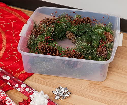 IRIS USA 33 Qt. Holiday Wreath Storage Container Box with Lid, 3-pack, Stackable Under Bed Storage Organizer Bin with Latching Buckles for 20" Wreaths Festive Holiday Decorations Garlands, Clear/Red