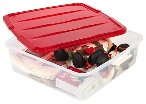 IRIS USA 33 Qt. Holiday Wreath Storage Container Box with Lid, 3-pack, Stackable Under Bed Storage Organizer Bin with Latching Buckles for 20" Wreaths Festive Holiday Decorations Garlands, Clear/Red