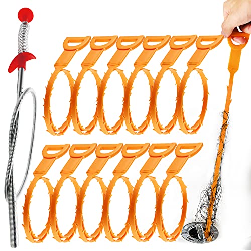 Omont Drain Clog Remover Tool,13 Pack Snake Drain Clog Remover Hair Clog Remover Tool, 24 Inch Stainless Steel Claw(1PCS) and Plastic Drain Cleaner Tool (12PCS) for Sink,Tube, Kitchen and Bathroom