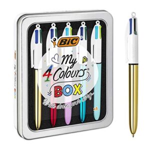 bic 4 colours pens in a special metal tin of 5 pens, includes mix of shine and bright barrel coloured ink,black, red, blue, green